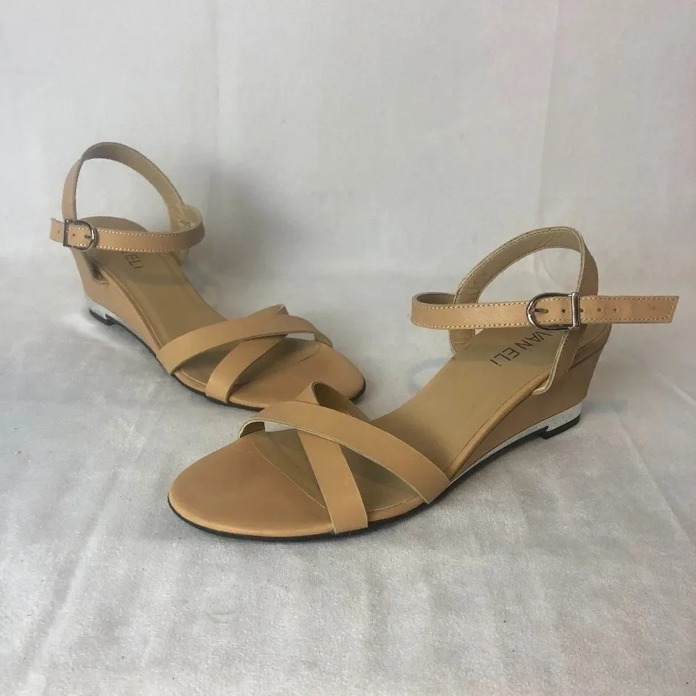 Vaneli Camel Tan Strappy Low Wedge Slingback Sandals size 8 1/2.   C